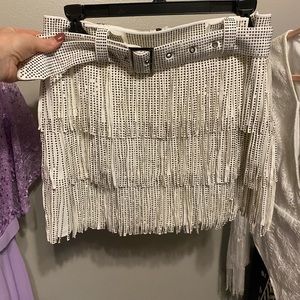 Boutique White fringe sparkly belted mini skirt
